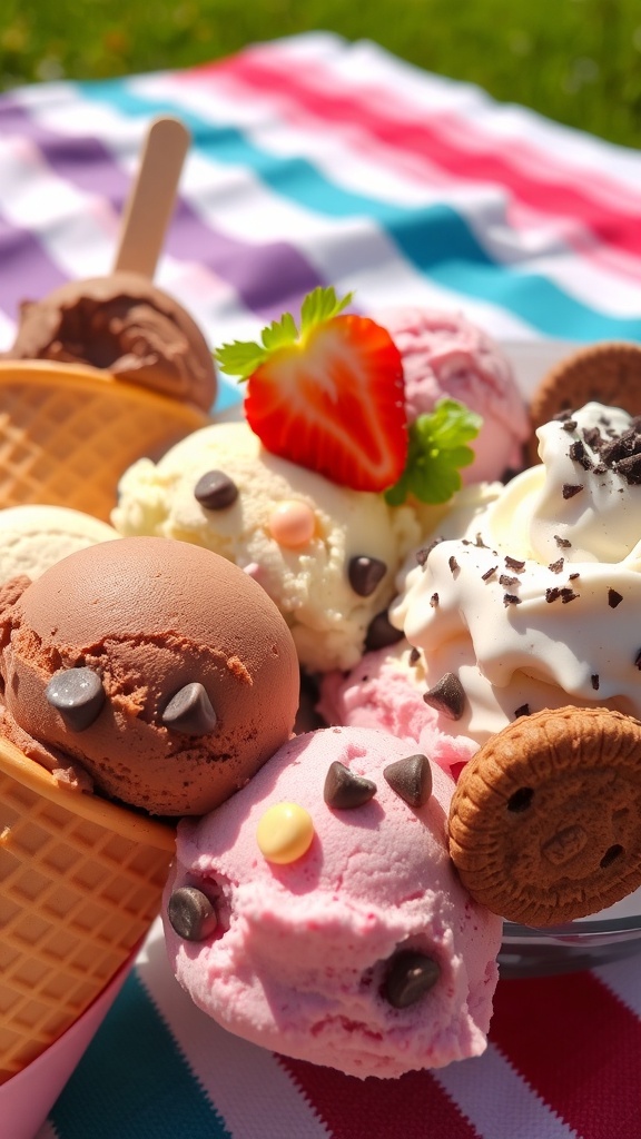 An assortment of ice cream scoops in waffle cones and bowls, showcasing various flavors like chocolate, strawberry, and mint chocolate chip.